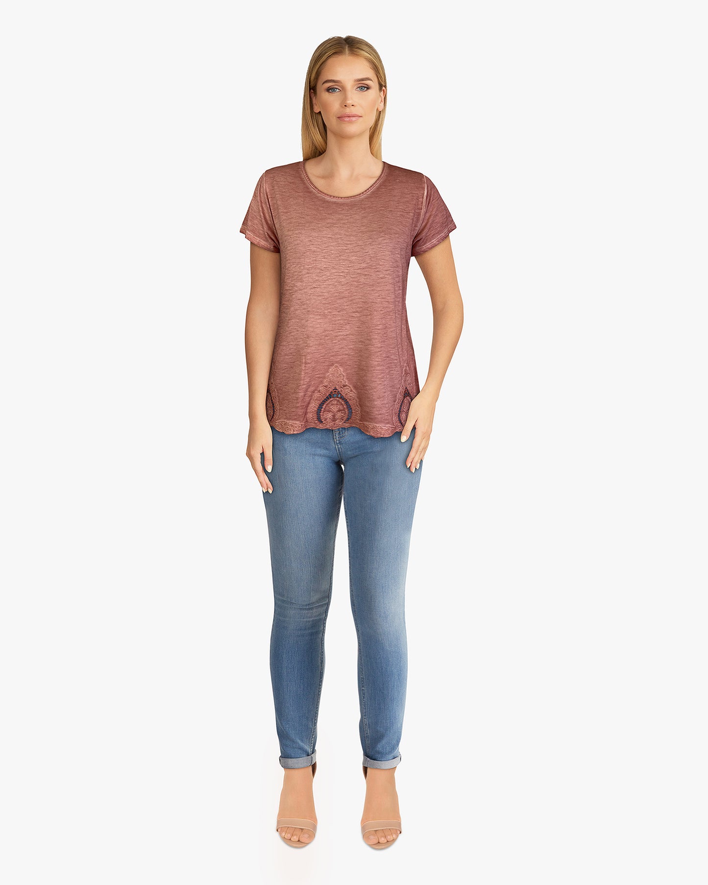 Short Sleeve Oil Dye Embroidered Hem Top (D190242) Sahara Sky