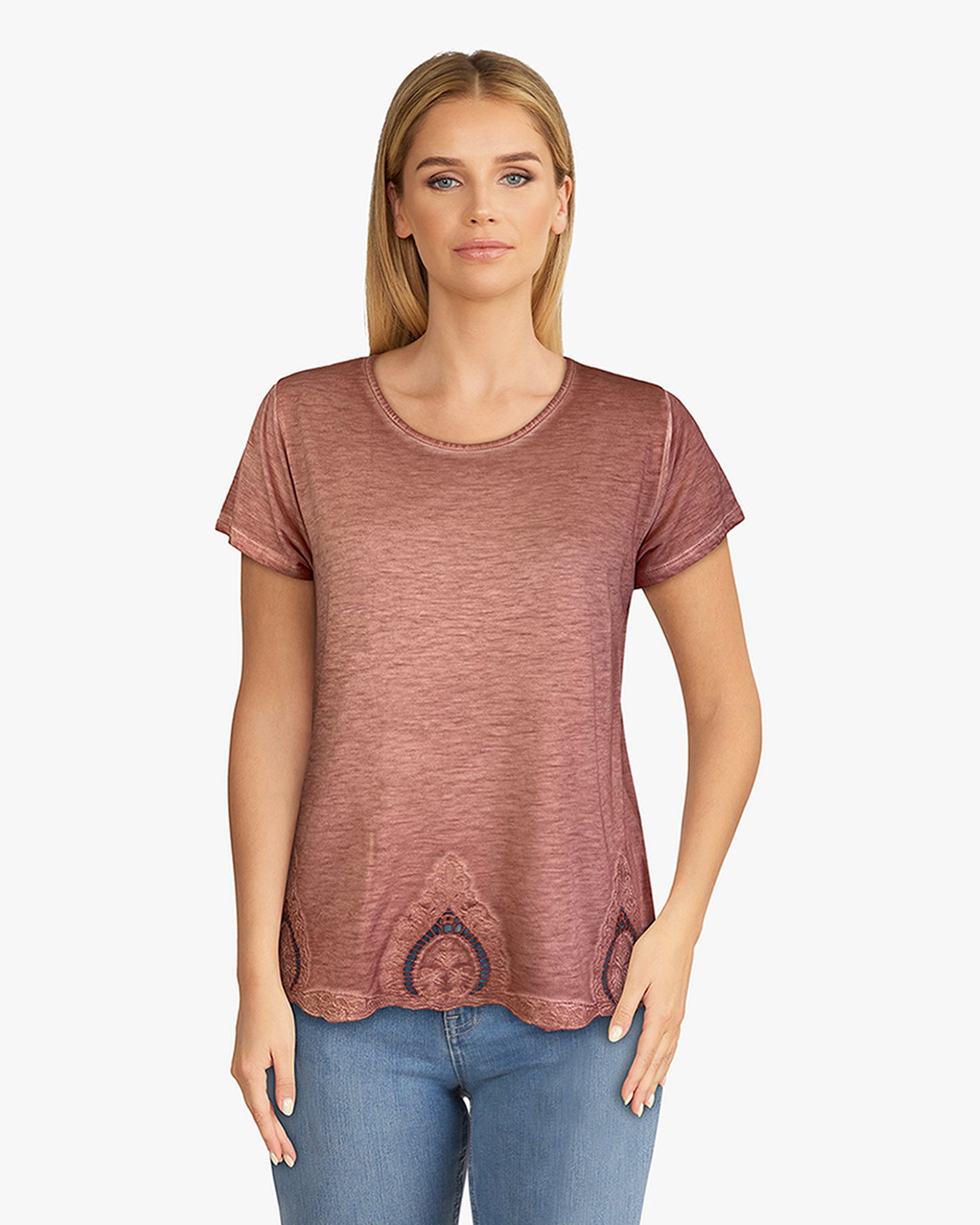 Short Sleeve Oil Dye Embroidered Hem Top (D190242) Sahara Sky