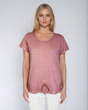 Short Sleeve Oil Dye Embroidered Hem Top (D190242) Cashmere Rose
