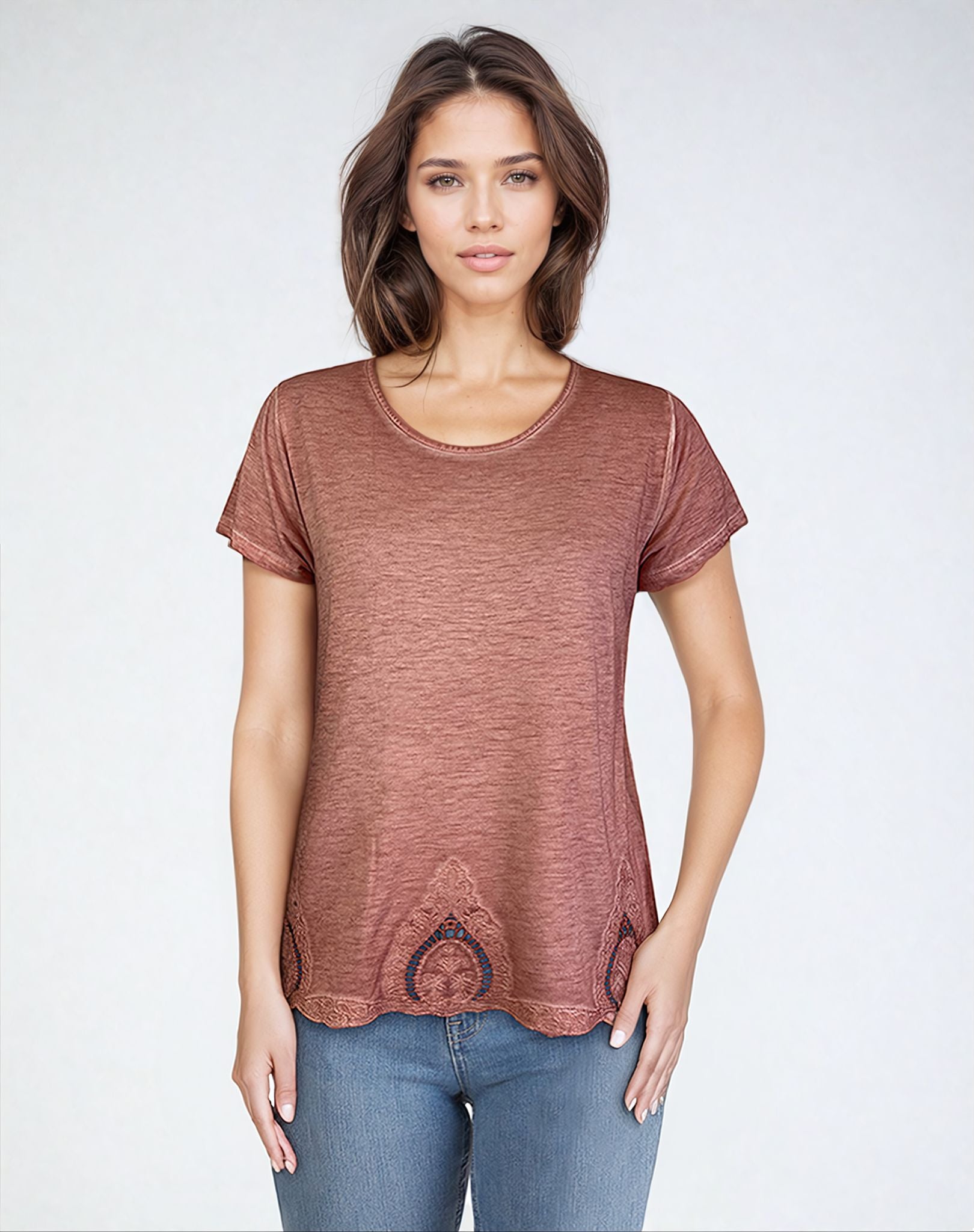 Short Sleeve Oil Dye Embroidered Hem Top (D190242) Sahara Sky