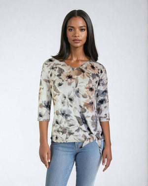 V Neck Sweater-like Front Tie Top - Grey Print (D1902669R)
