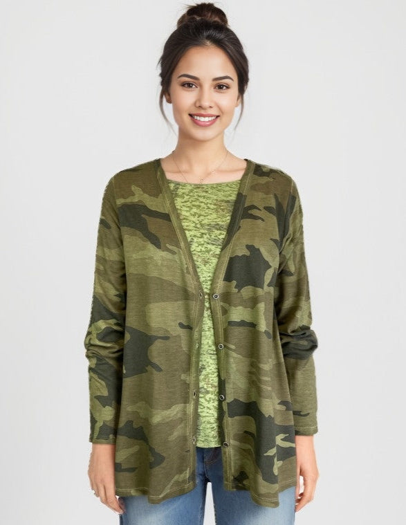 Camo Button Up Boyfriend Cardigan - Military Olive Camo (D190361)