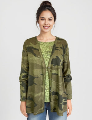 Camo Button Up Boyfriend Cardigan - Military Olive Camo (D190361)