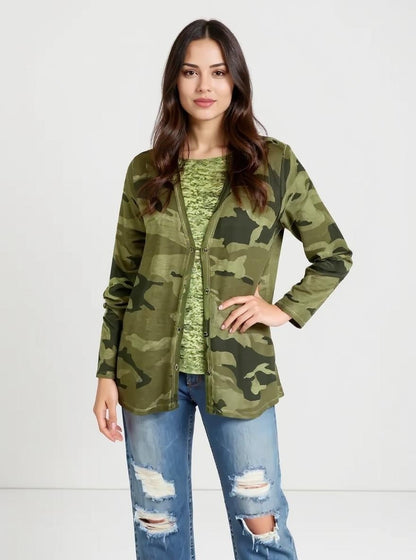 Camo Button Up Boyfriend Cardigan - Military Olive Camo (D190361)