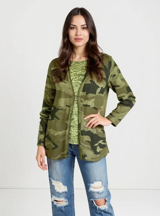 Camo Button Up Boyfriend Cardigan - Military Olive Camo (D190361)