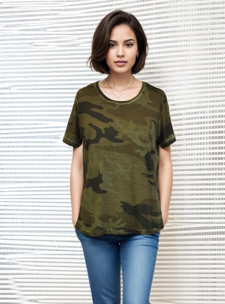 Embellished Sleeve Oil Dye Military Olive Camo Top S/S (D190413)