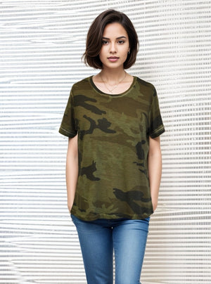 Embellished Sleeve Oil Dye Military Olive Camo Top S/S (D190413)