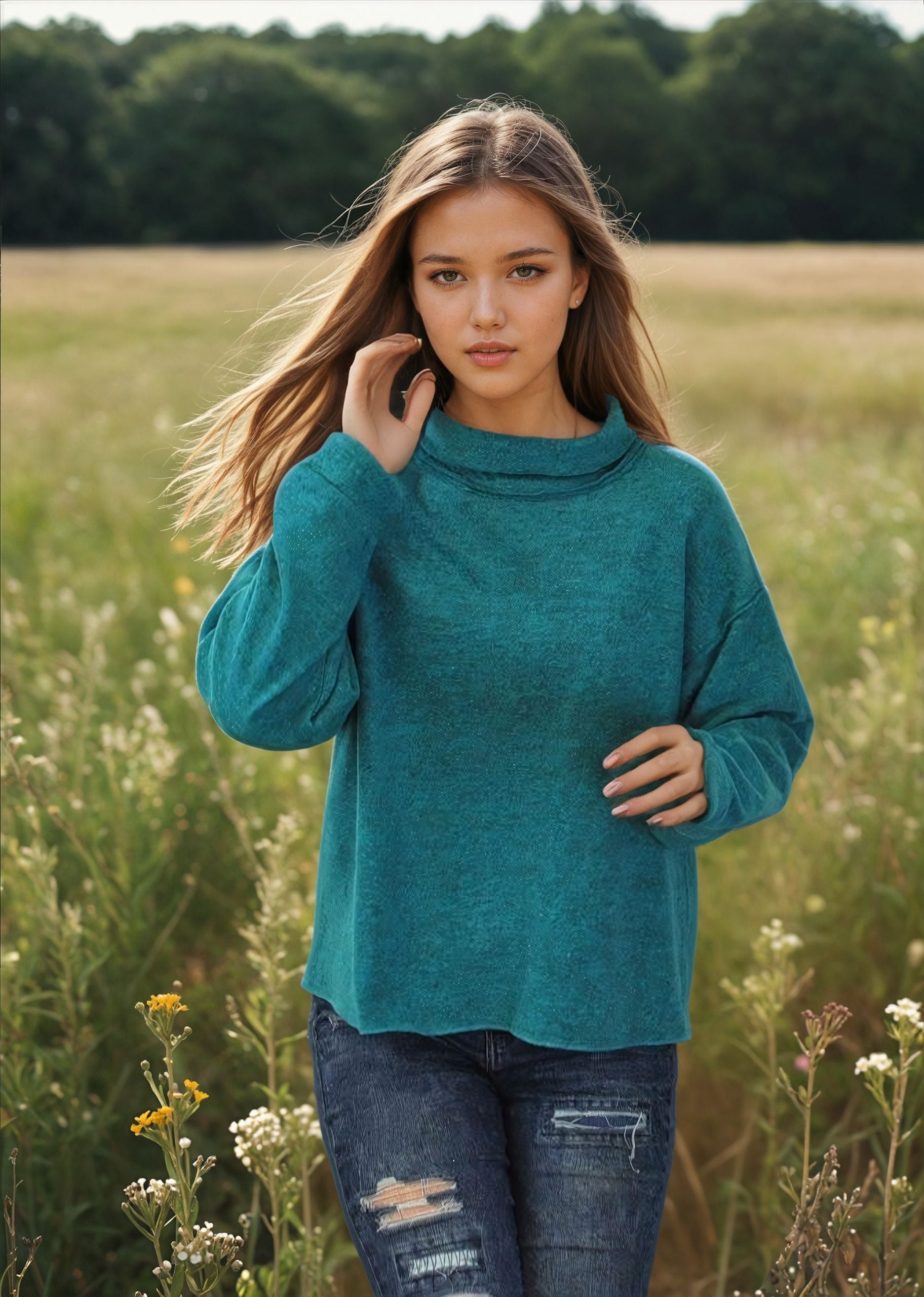 Roll Neck Sweater-like Top - Turquoise (D190479R)