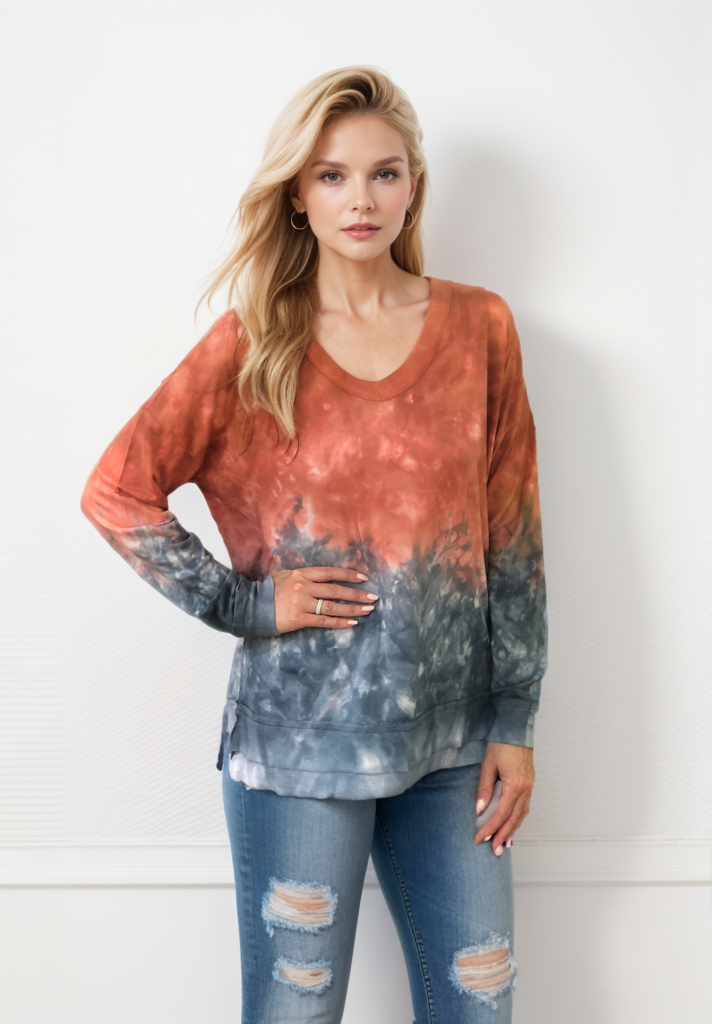 V-Neck Tie Dye Sweatshirt - Desert Sand Misty Fog (D190610R)