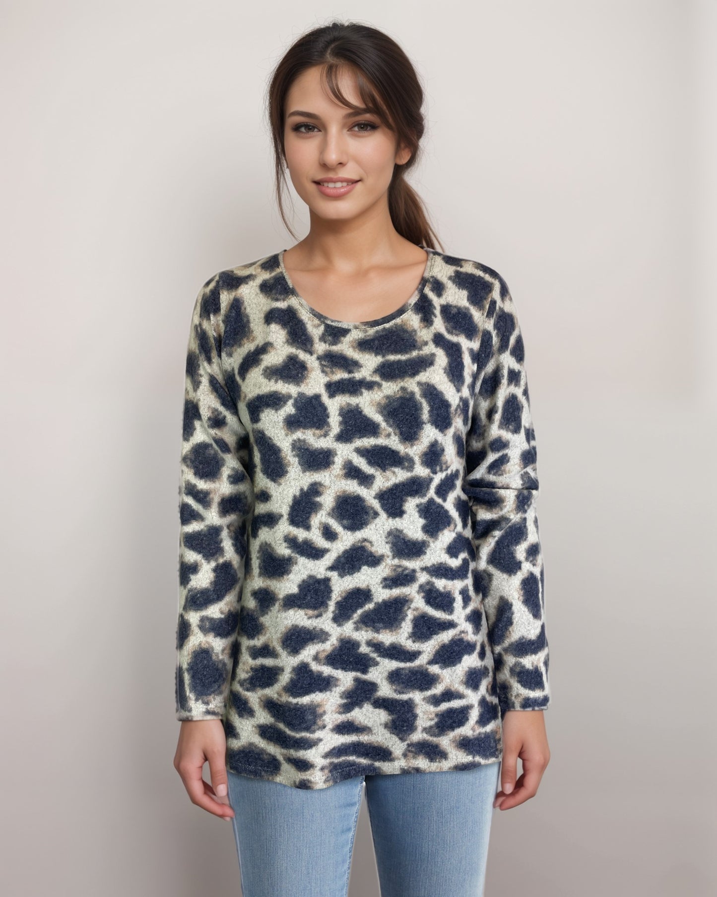 Scoop Neck Sweater-like Top - Giraffe Purple