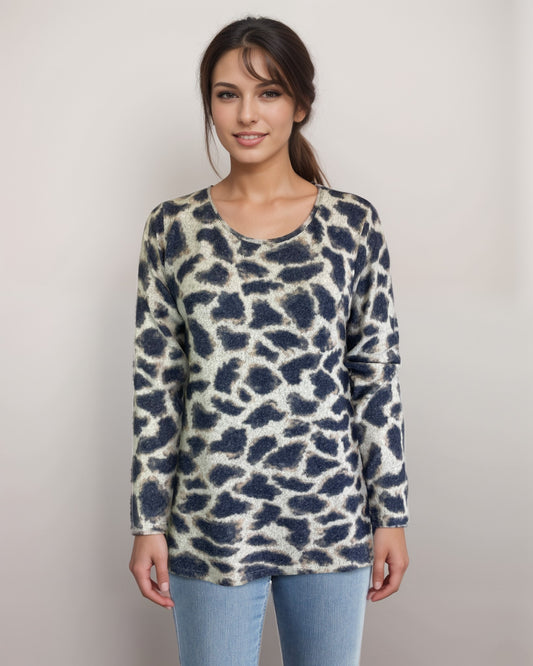 Scoop Neck Sweater-like Top - Giraffe Purple