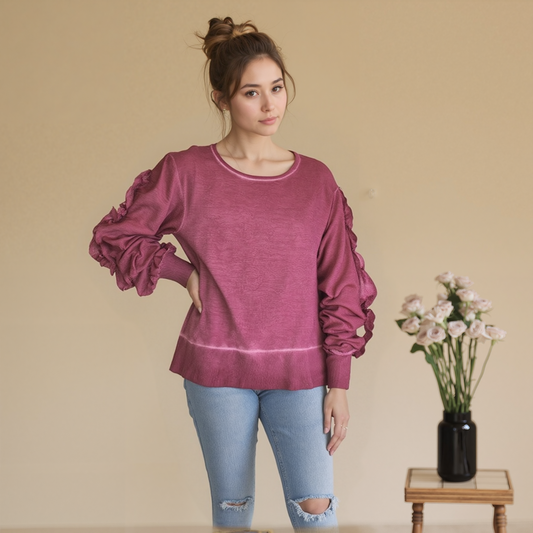 Ruffle Sleeve Oil Dye Top w/ Rib Trim - Beaujolais