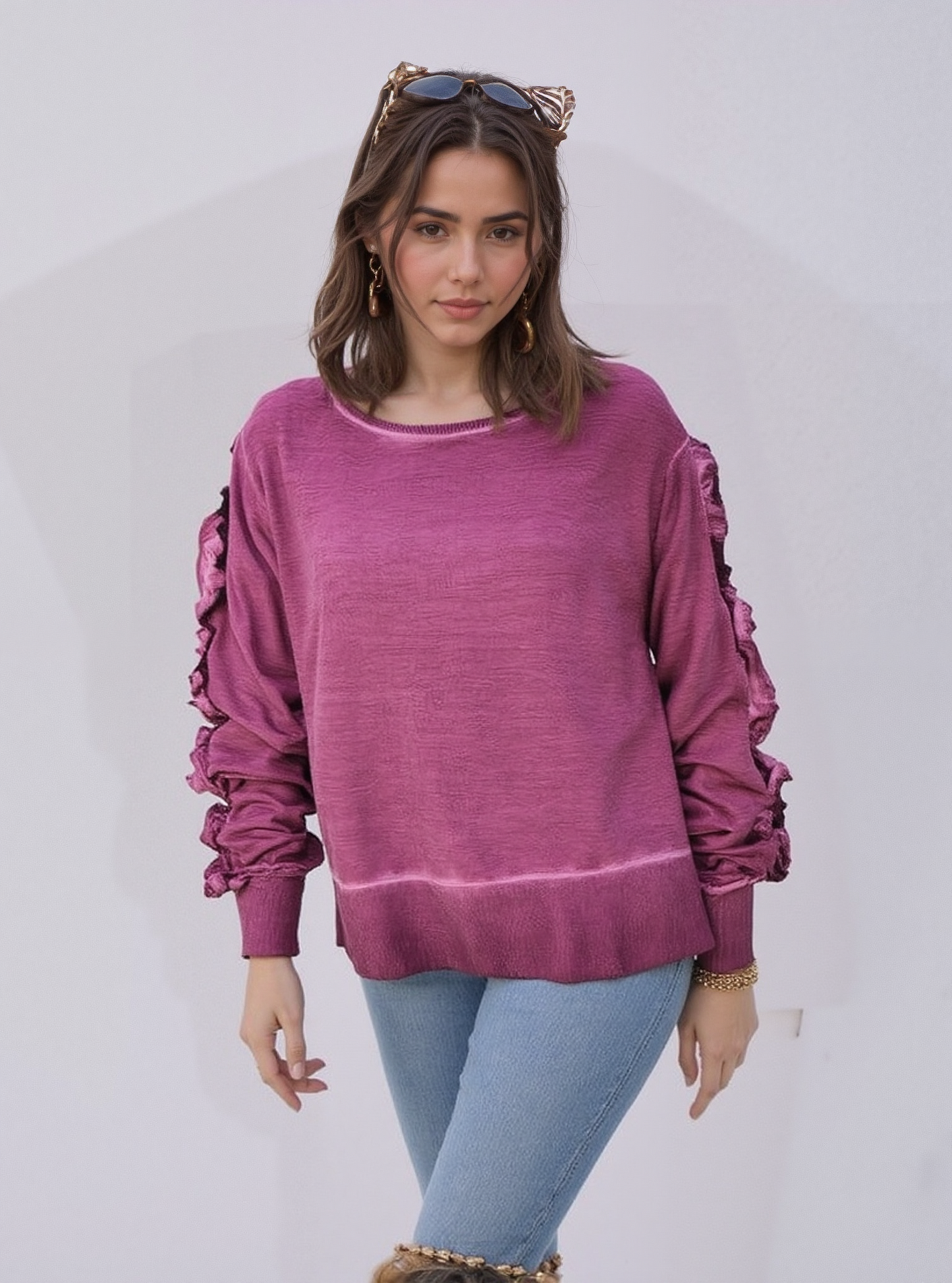 Ruffle Sleeve Oil Dye Top w/ Rib Trim - Beaujolais