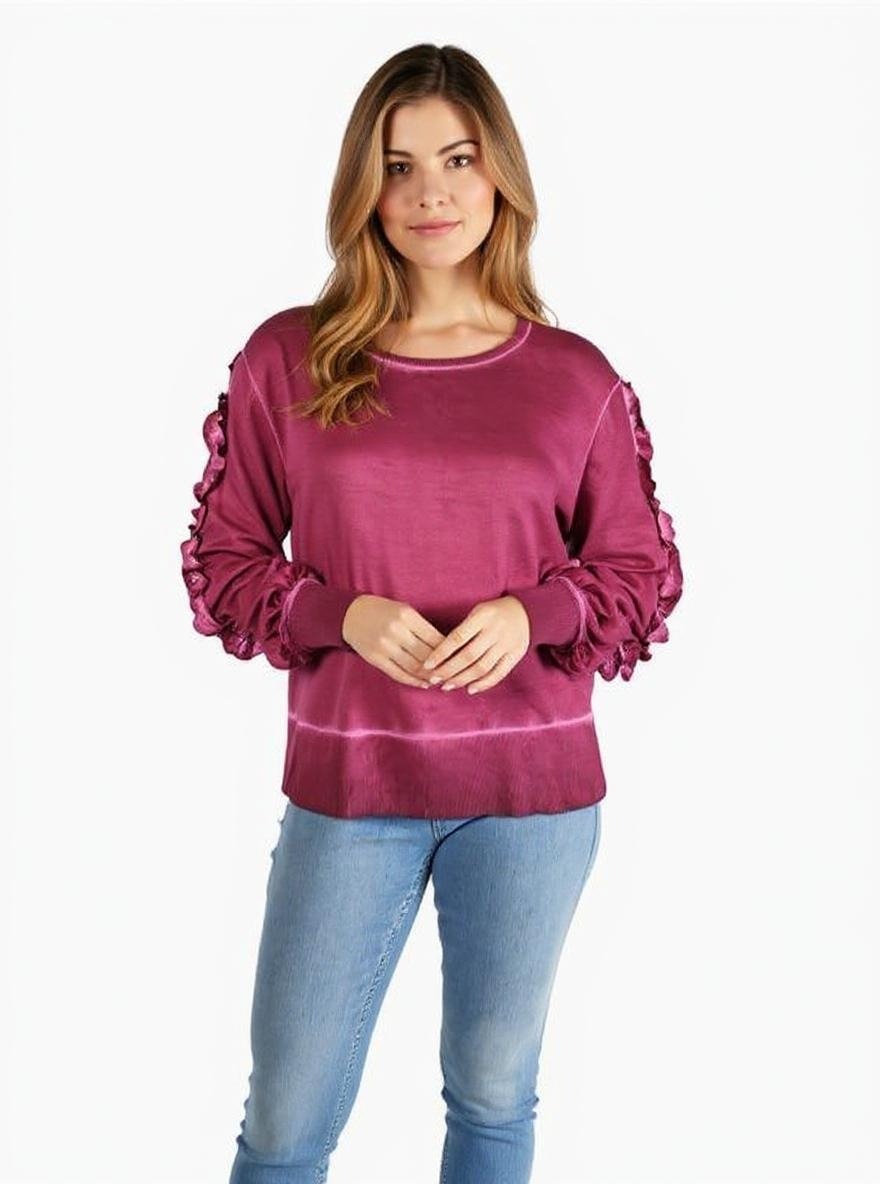Ruffle Sleeve Oil Dye Top w/ Rib Trim - Beaujolais