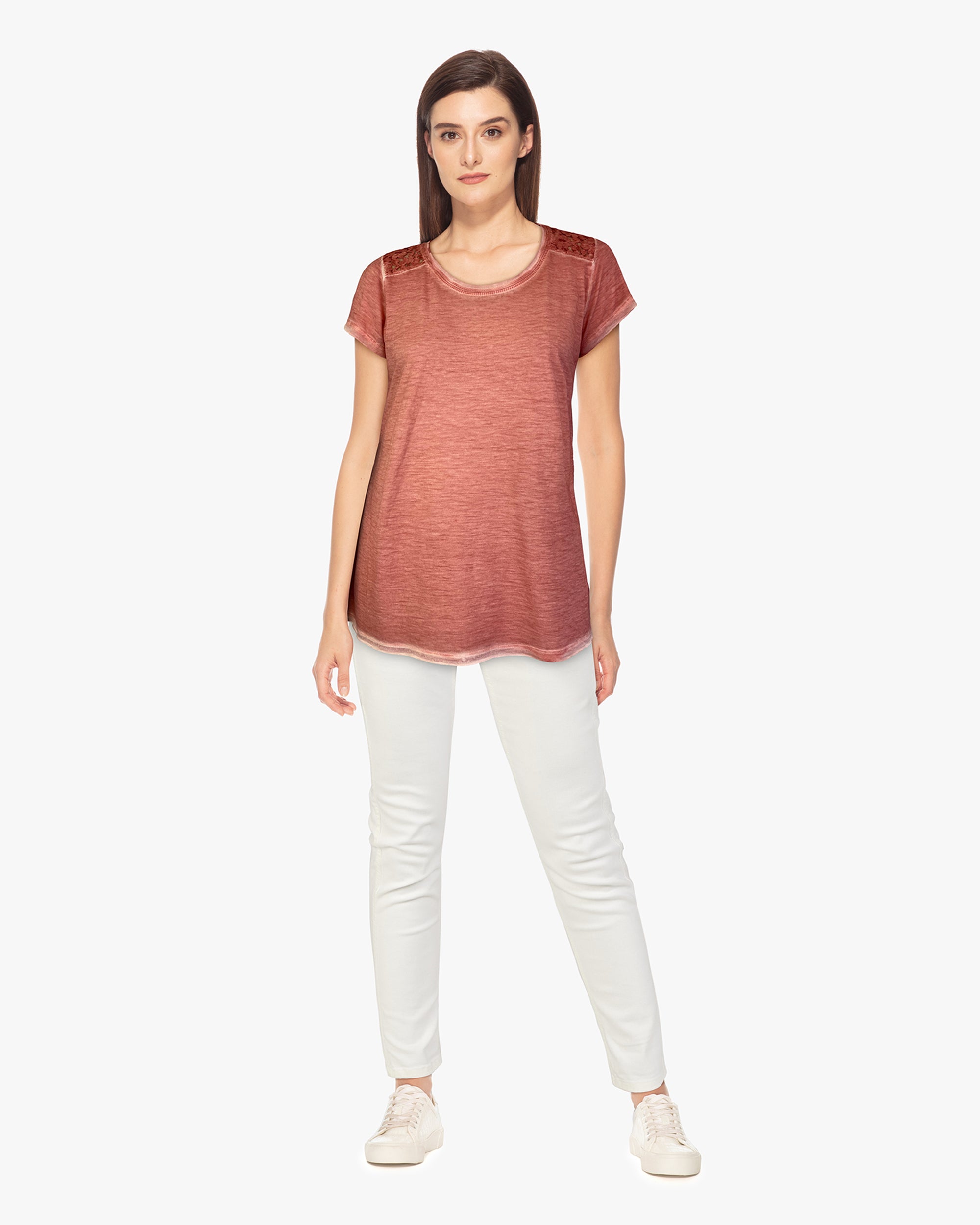 Oil Dye Lace Back Yoke Top (D190682) Desert Sand S/S