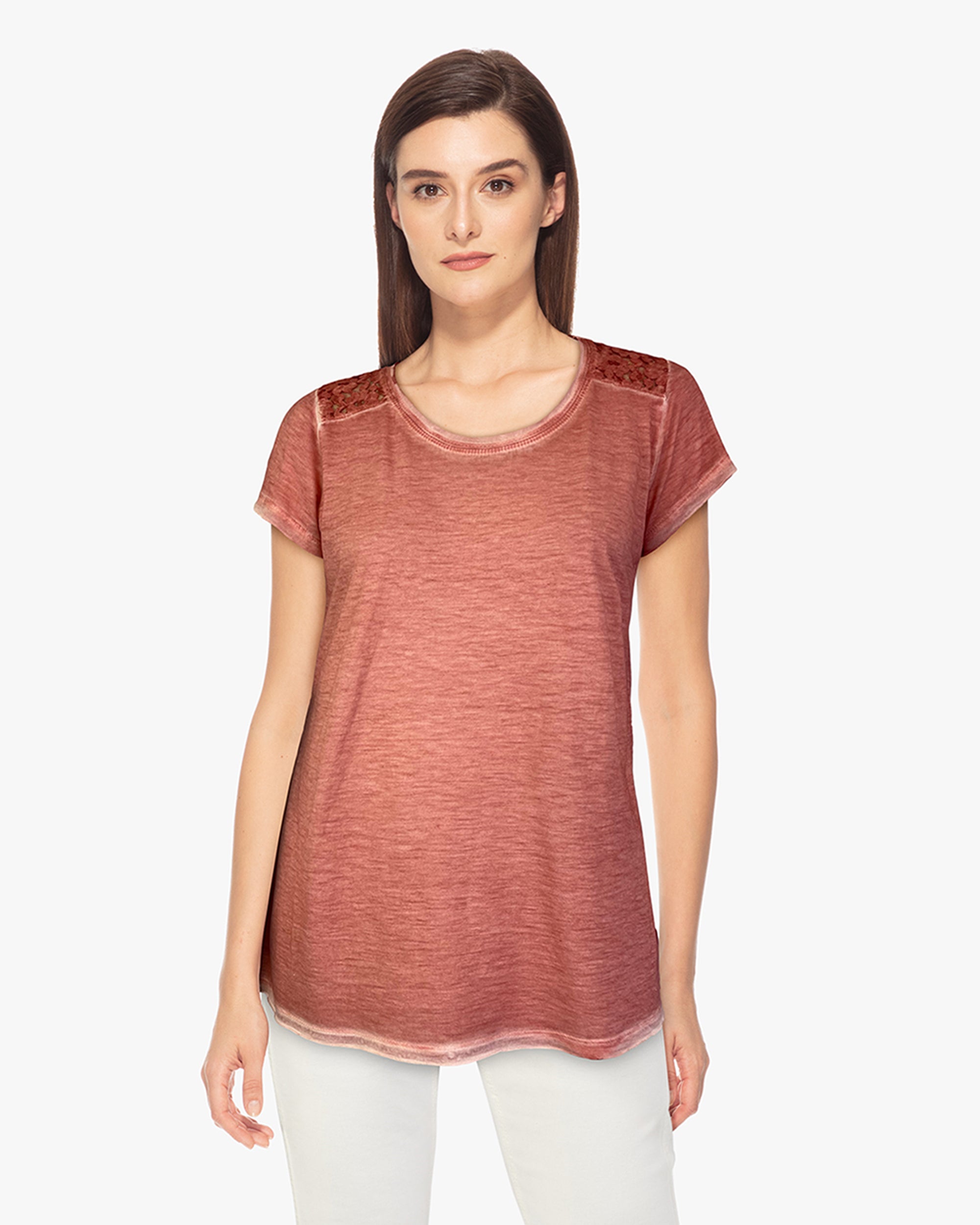 Oil Dye Lace Back Yoke Top (D190682) Desert Sand