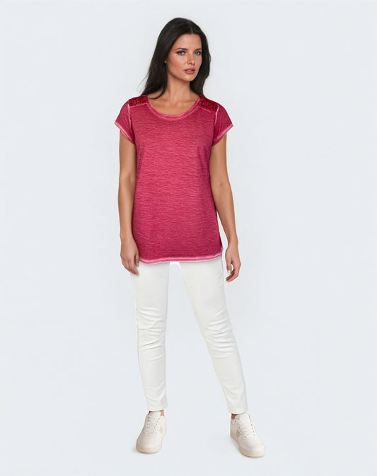 Oil Dye Lace Back Yoke Top (D190682) Holly Berry S/S