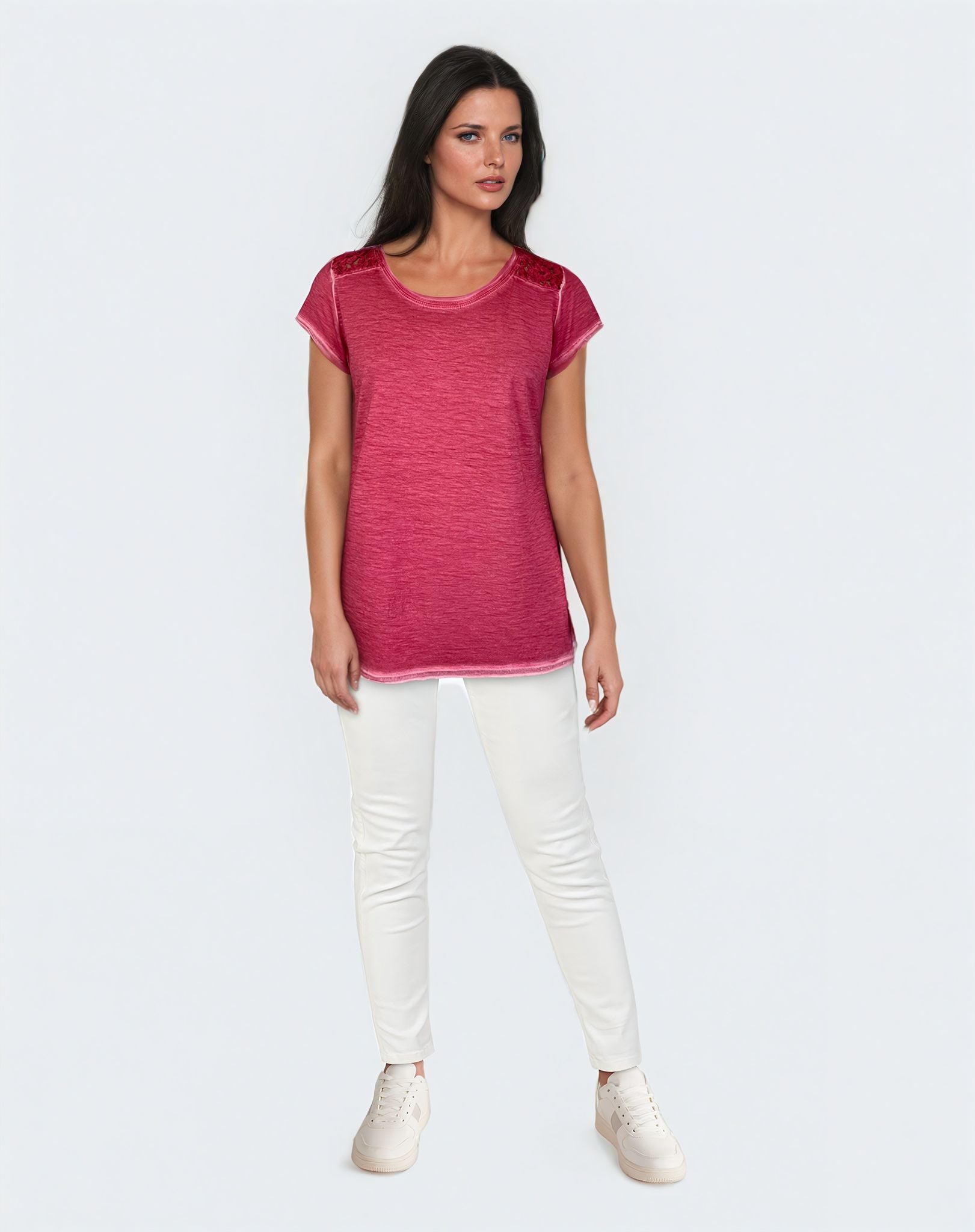 Oil Dye Lace Back Yoke Top (D190682) Holly Berry S/S