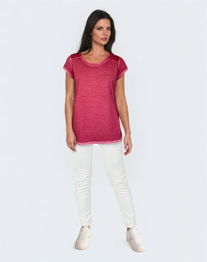 Oil Dye Lace Back Yoke Top (D190682) Holly Berry S/S
