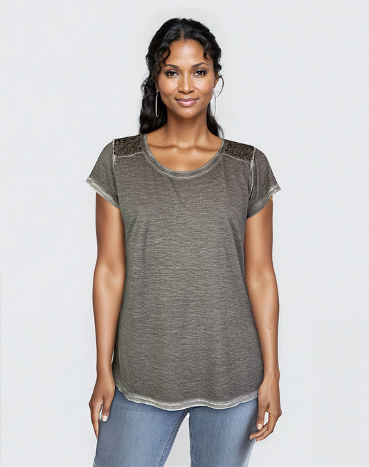 Oil Dye Lace Back Yoke Top - Satellite S/S (D190682)