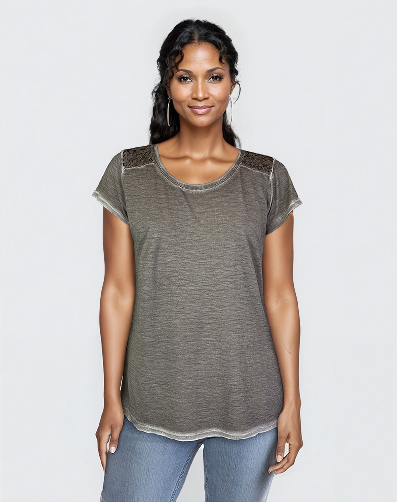 Oil Dye Lace Back Yoke Top - Satellite S/S (D190682)
