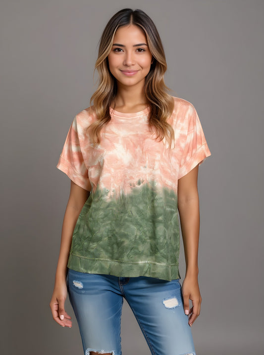 Cutoff Sleeve Tie Dye Top -- Military Olive S/S (D190692)