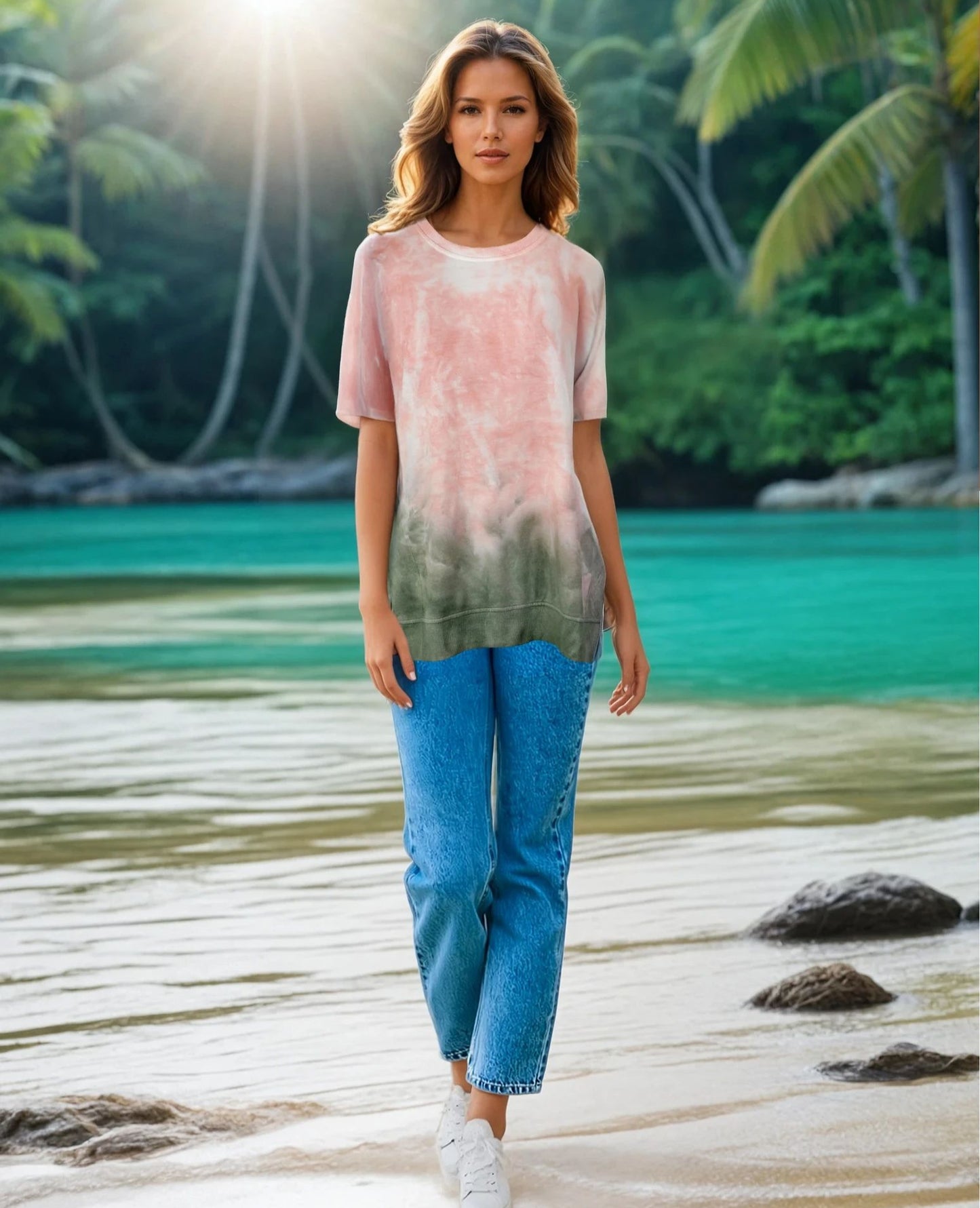 Cutoff Sleeve Tie Dye Top -- Military Olive S/S (D190692)
