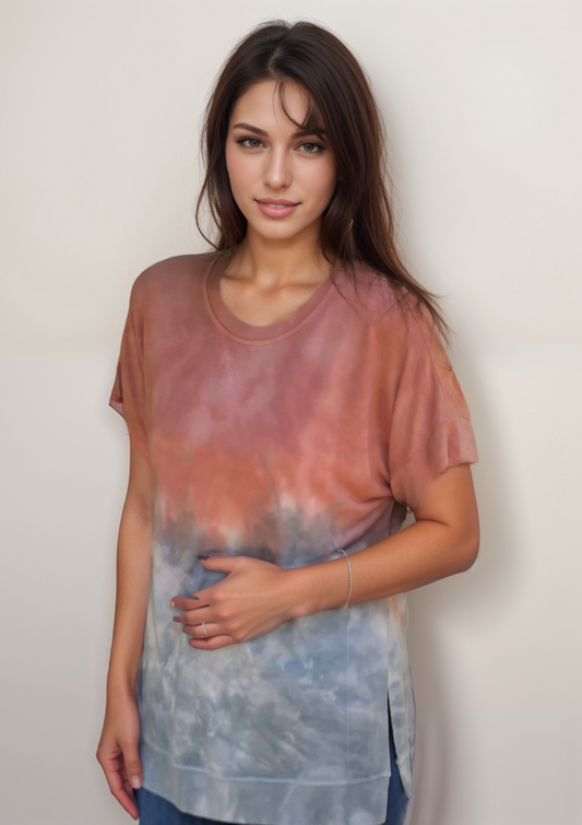 Cutoff Sleeve Tie Dye Top -- Desert Sand Misty Fog S/S (D190692)