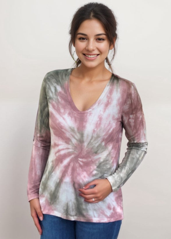 Roll Sleeve Swirl Tie Dye Top - Rose Falcon (D190701)