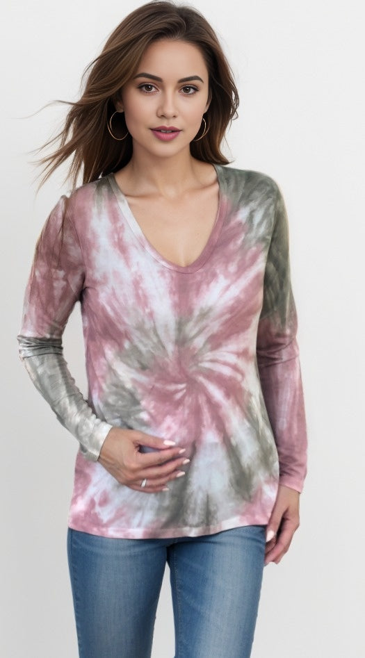 Roll Sleeve Swirl Tie Dye Top - Rose Falcon (D190701)