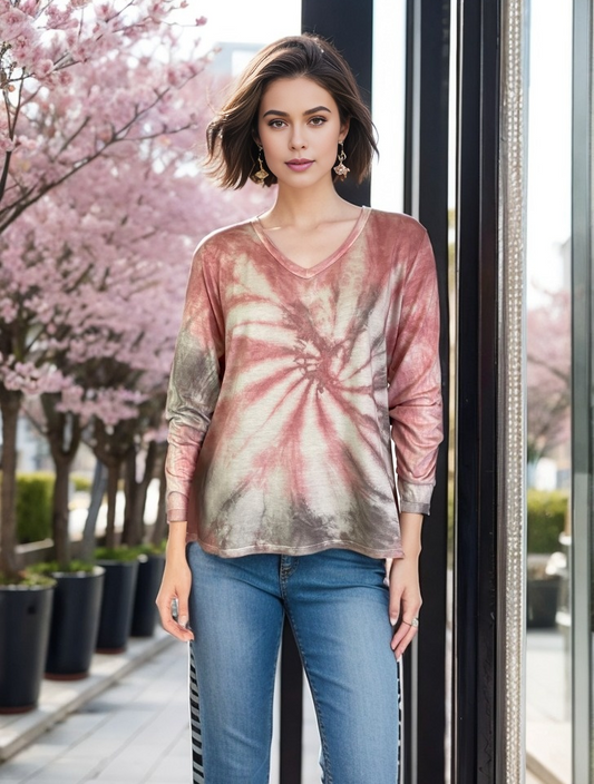 Roll Sleeve Swirl Tie Dye Top - Rose Falcon (D190701)