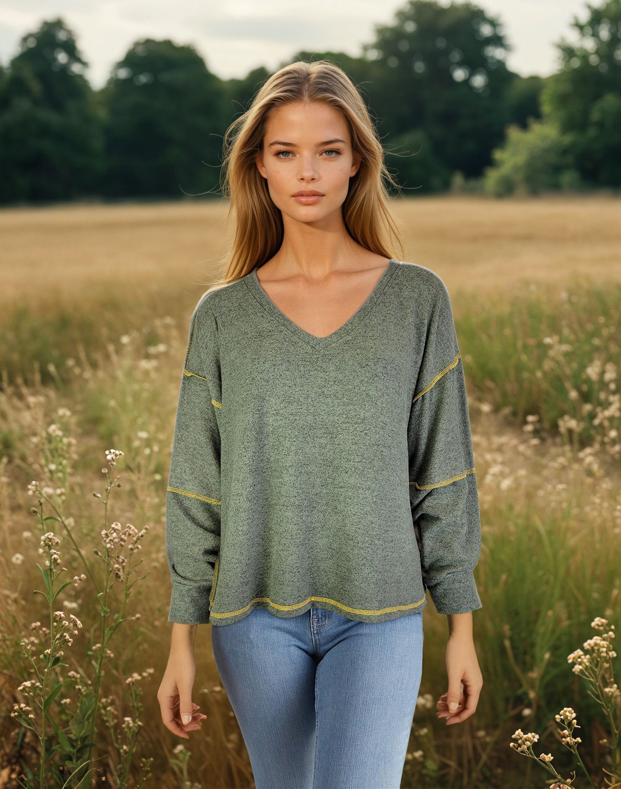 Sweater-like V Neck Top - Khaki green (D190713)