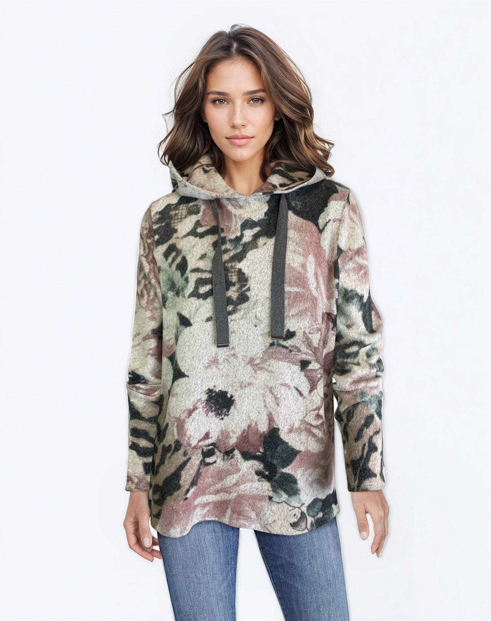 Hooded Print Sweater-like Top - Floral (D25777)