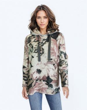Hooded Print Sweater-like Top - Floral (D25777)