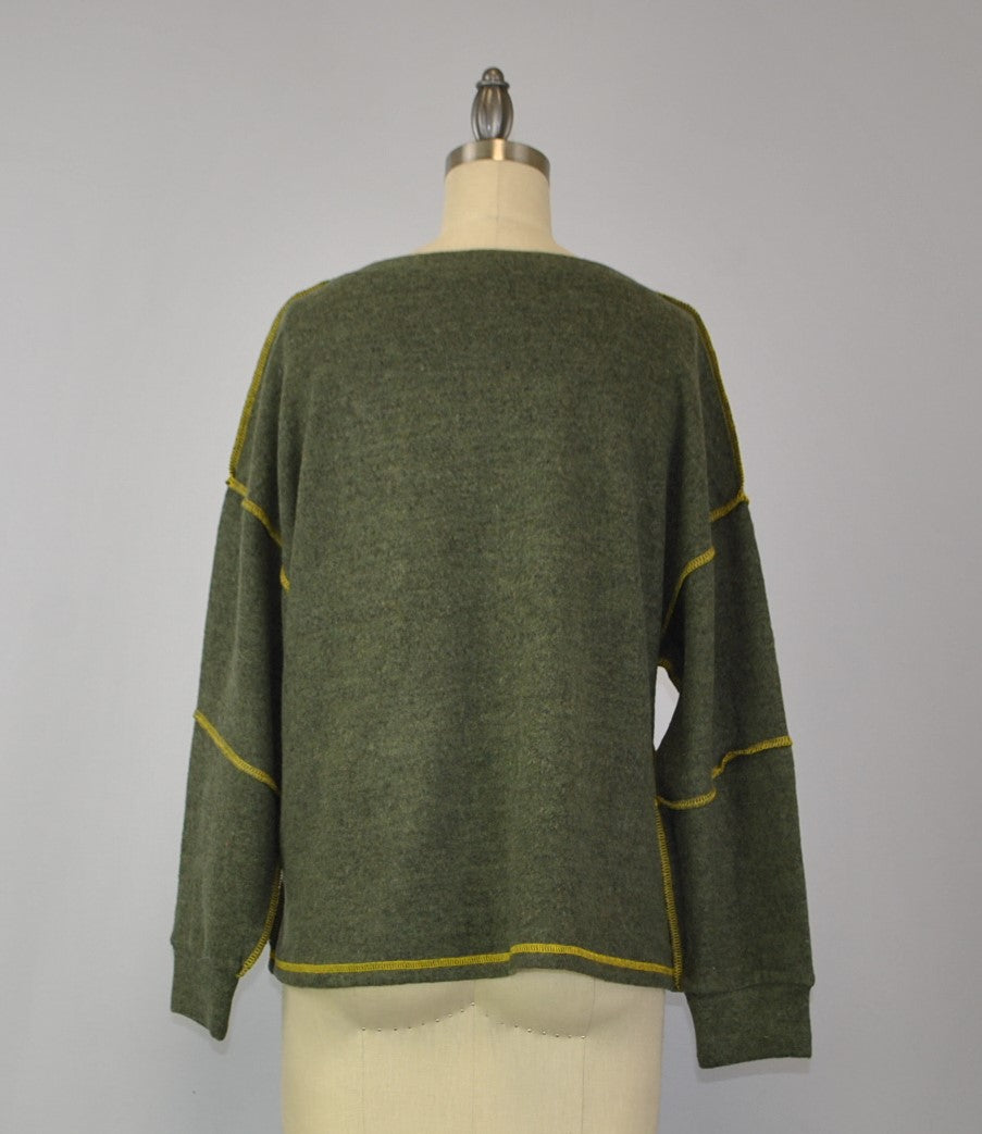 Sweater-like V Neck Top - Khaki green (D190713)