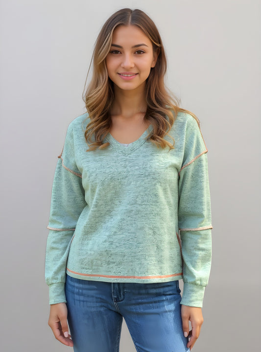 Sweater-like V Neck Top - Nile green (D190713)