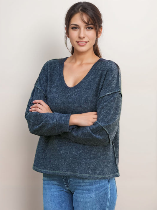 Sweater-like V Neck Top - Navy (D190713)