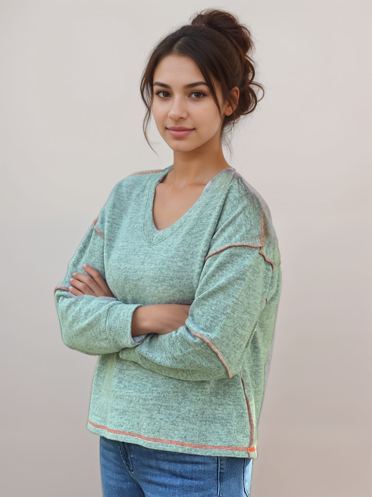 Sweater-like V Neck Top - Nile green (D190713)