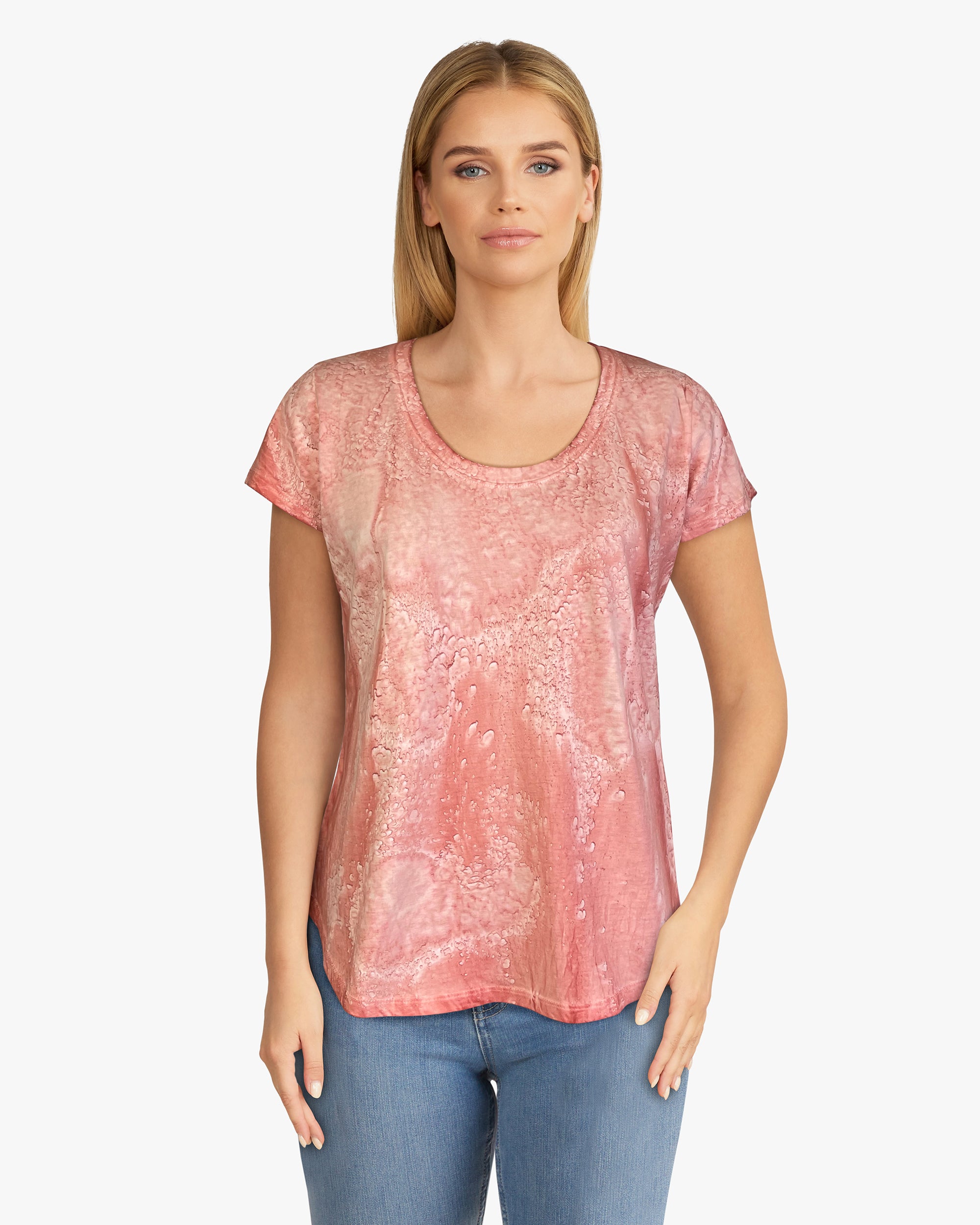 Scoop Neck Short Sleeve Tea Dye Top with Curved Hem (D190738S) Ripe Peach