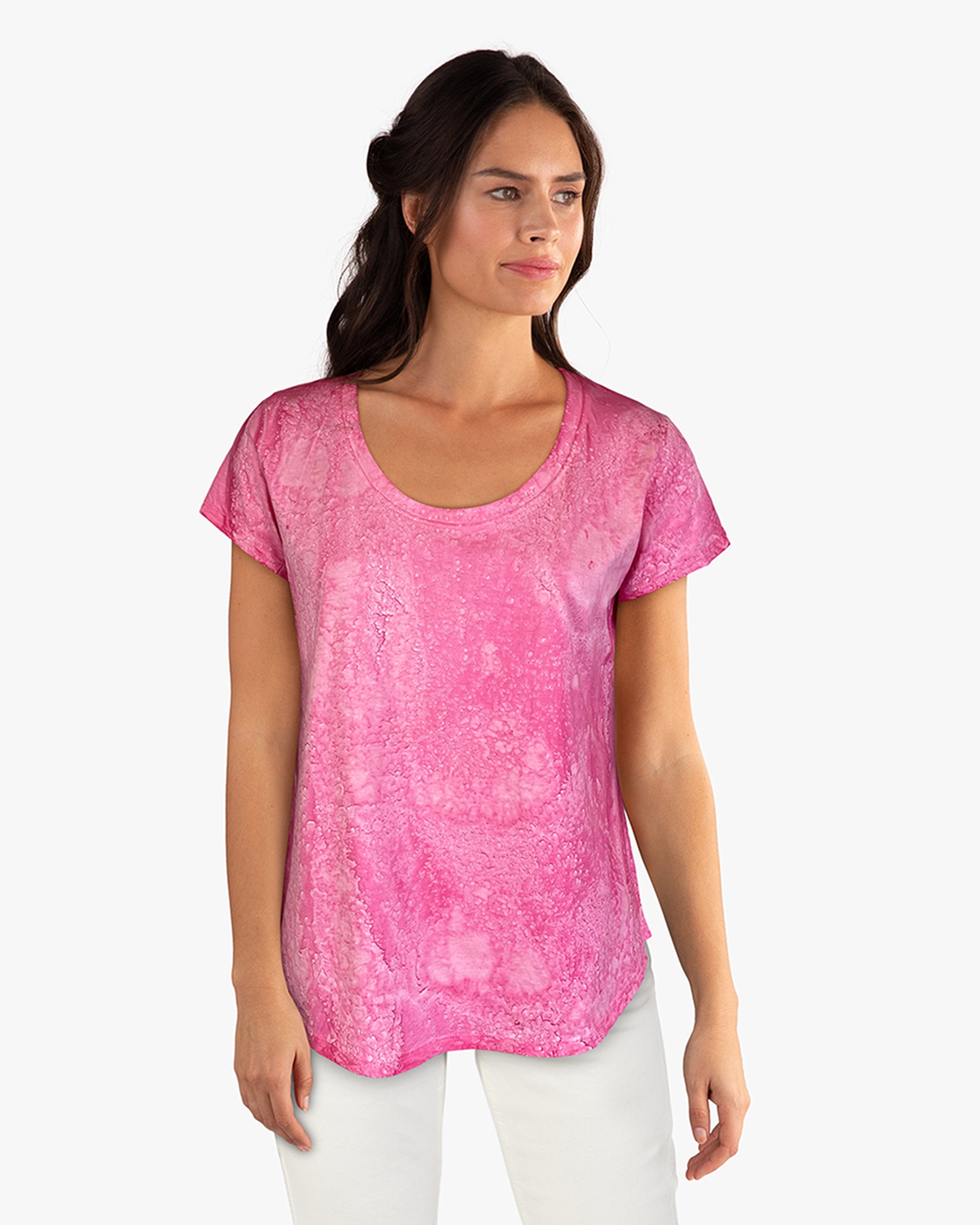 Scoop Neck Short Sleeve Tea Dye Top with Curved Hem (D190738S) Candy