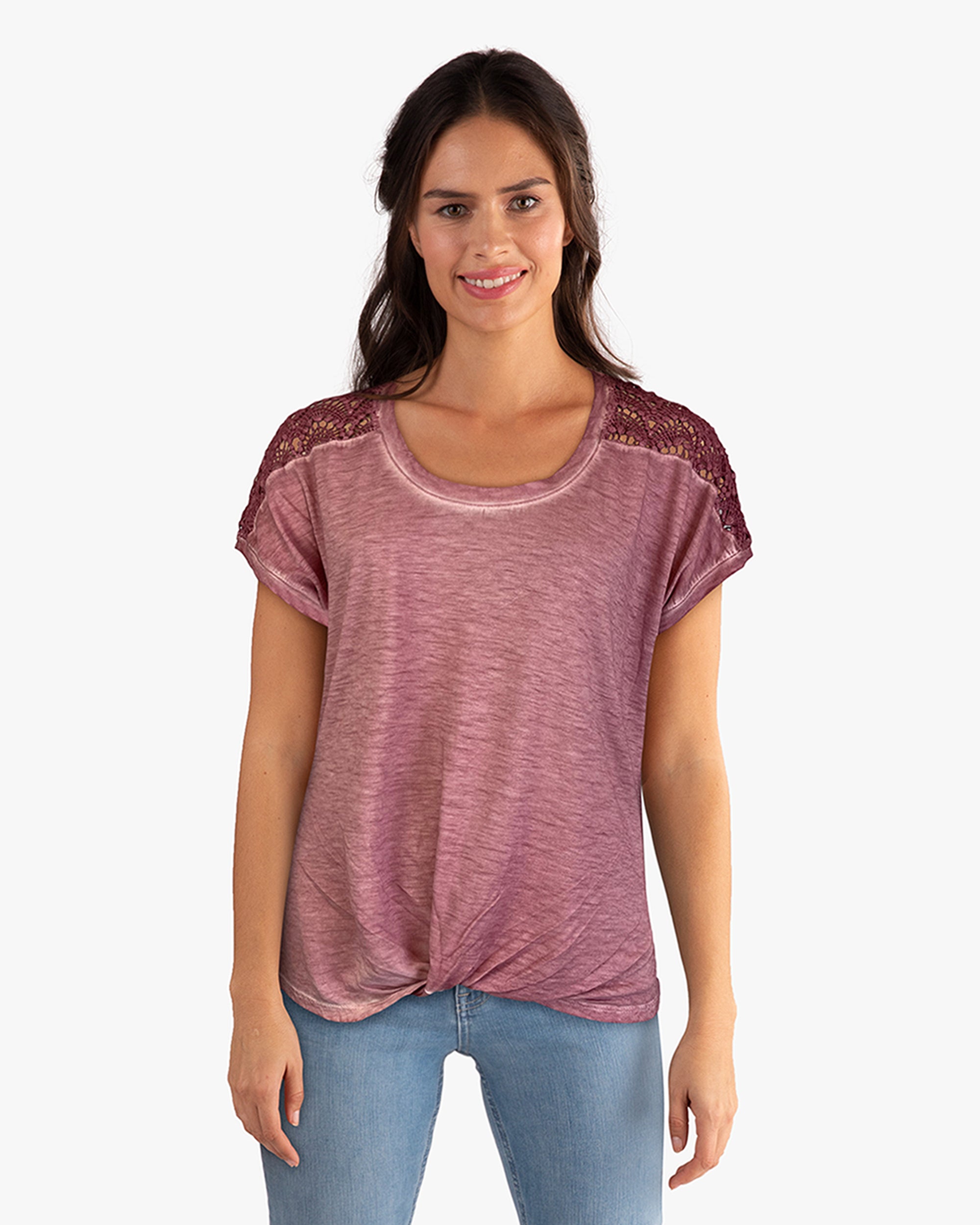 Lace Shoulder Twist Front Top Foxglove (D190743) S/S