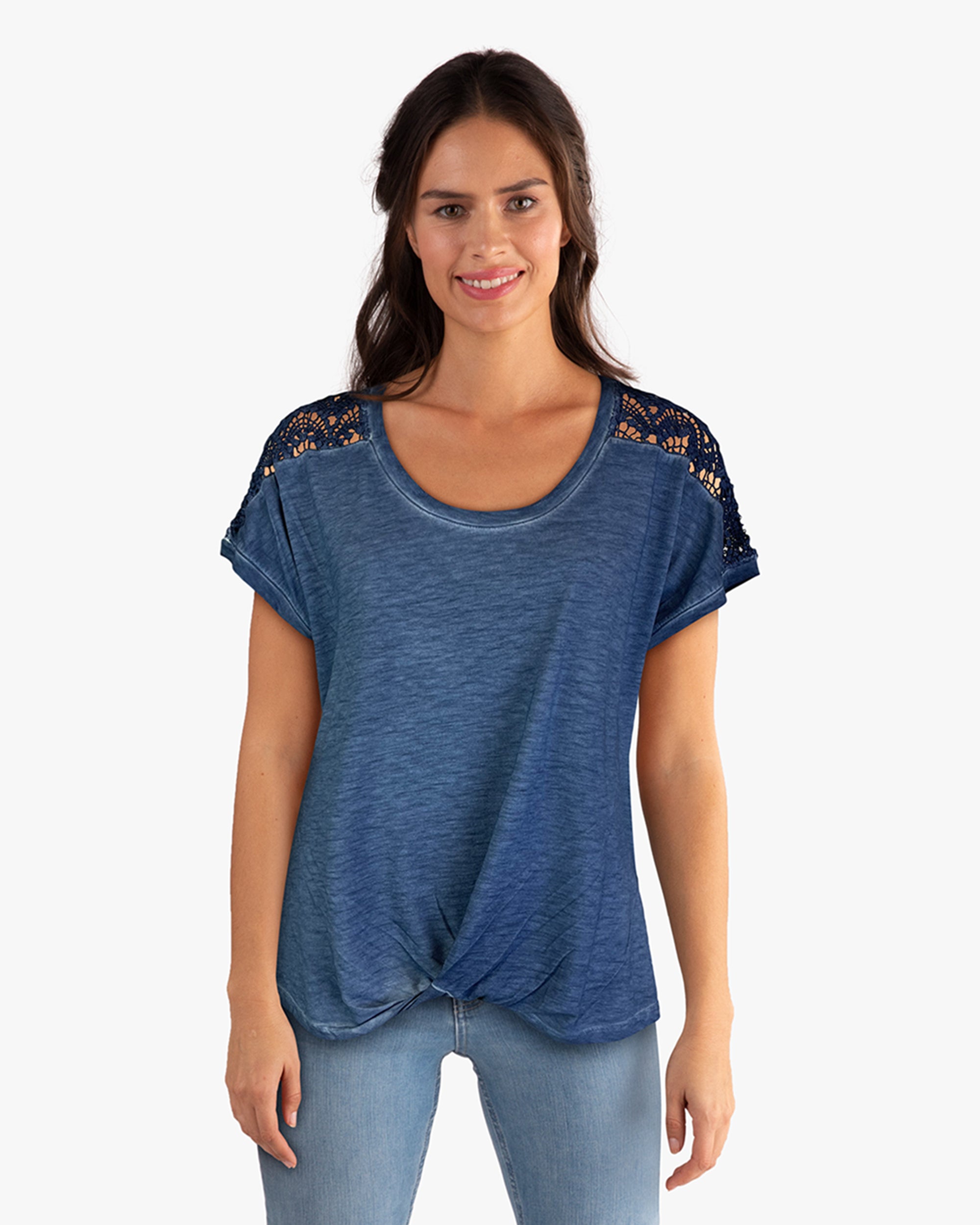 Lace Shoulder Twist Front Top Fjord (D190743)