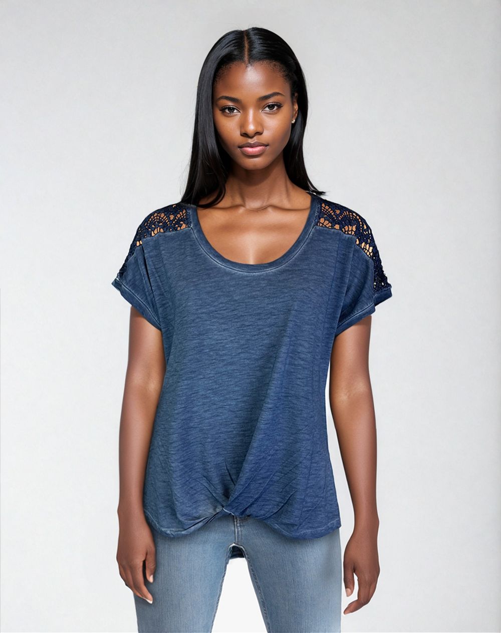 Lace Shoulder Twist Front Top Fjord (D190743) S/S