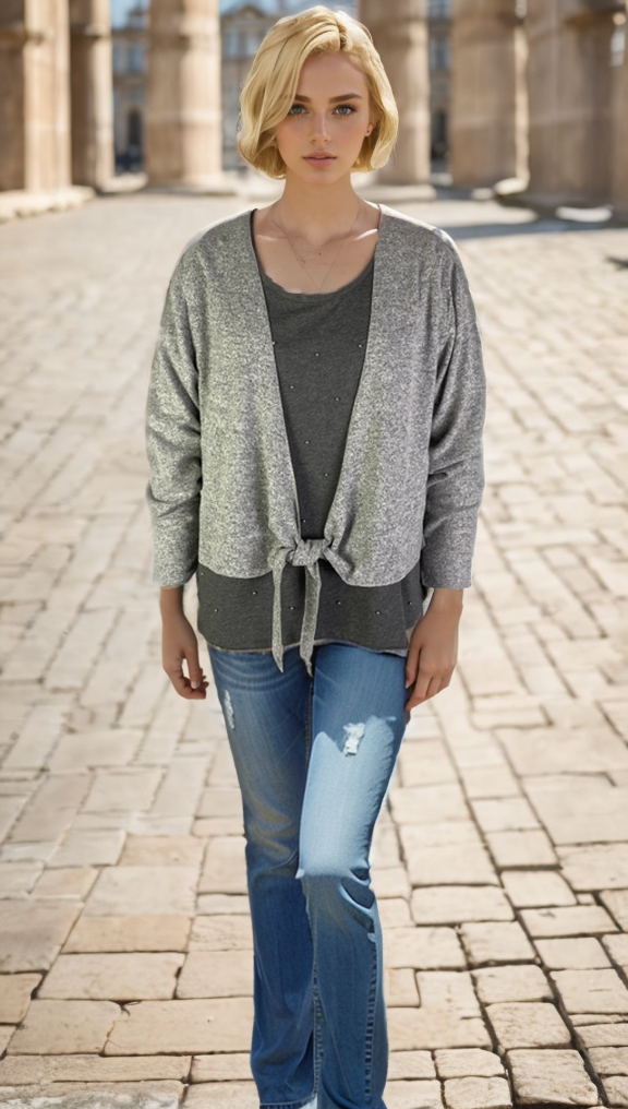 Tie Front Open Short Cardigan Silver (D190748)