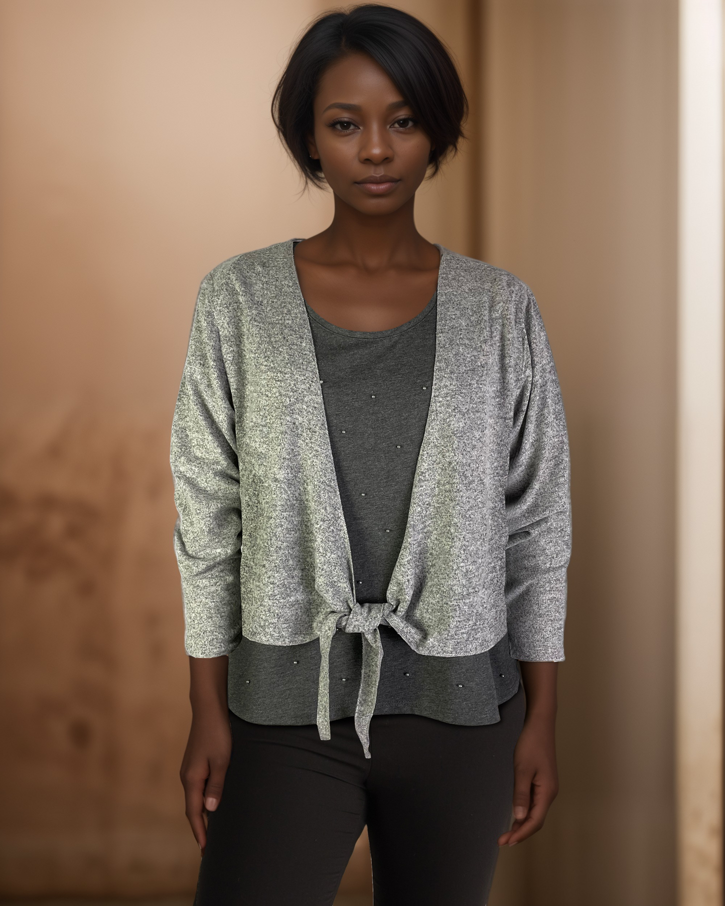 Tie Front Open Short Cardigan Silver (D190748)