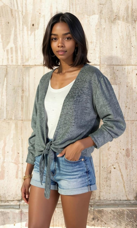 Tie Front Open Short Cardigan Silver (D190748)