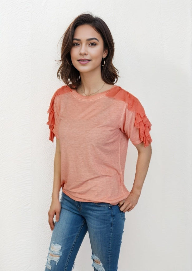 Ruffle Shoulder Oil Dye Top -- Sahara Sky (D190777)