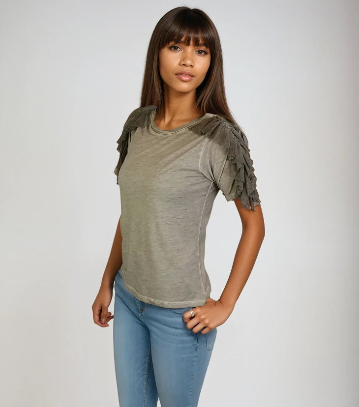 Ruffle Shoulder Oil Dye Top -- Satellite (D190777)