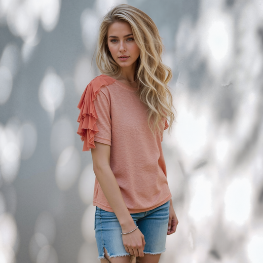 Ruffle Shoulder Oil Dye Top -- Sahara Sky (D190777)