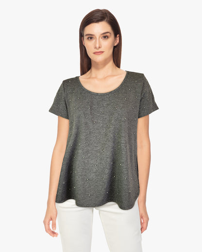 Swing Tee Shirt with Pearls (D1953) Dk Grey Mélange S/S